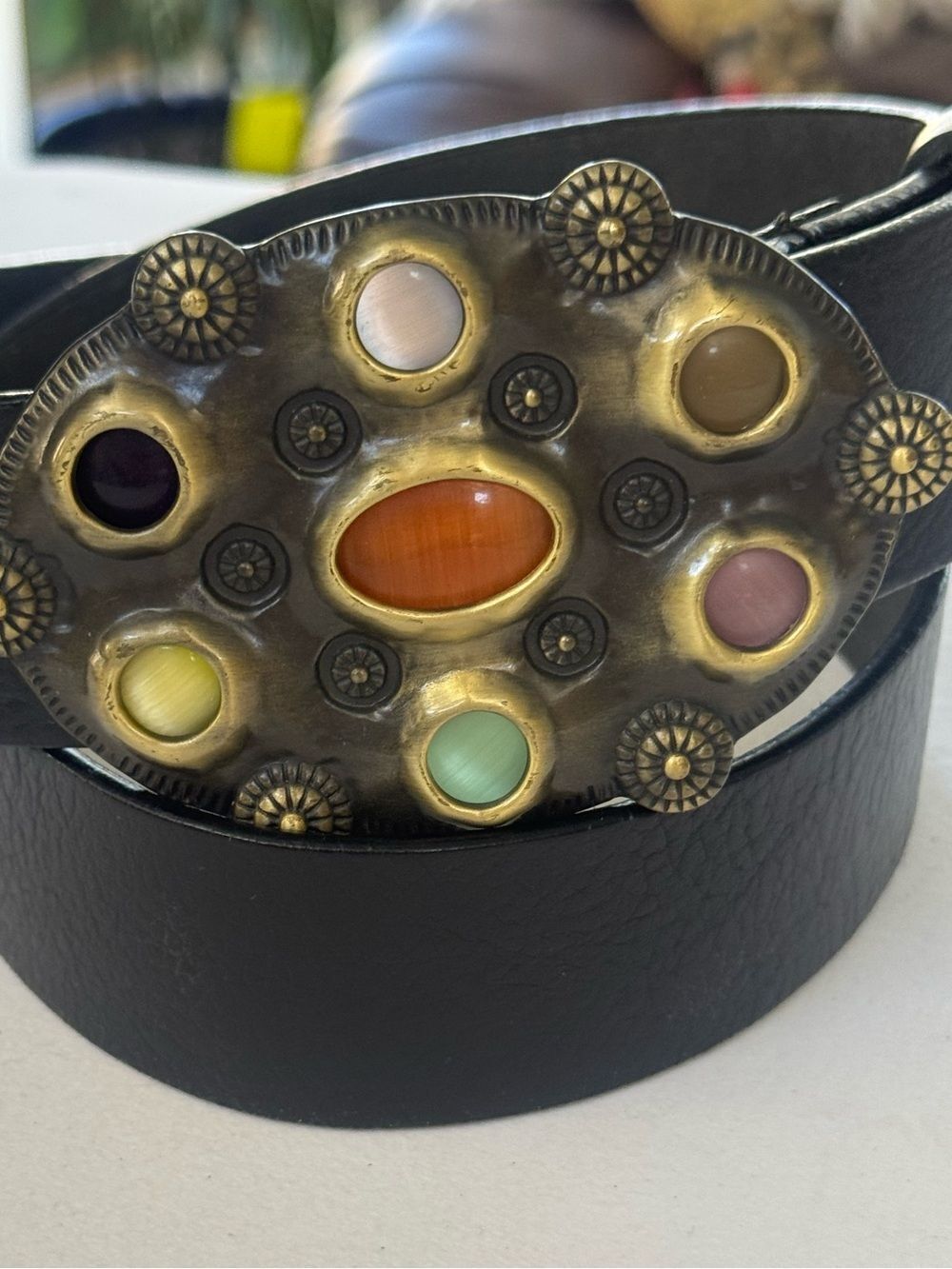 Adrienne Landau Studios Black Leather Belt Multi Stone Oval Brass Buckle EUC M